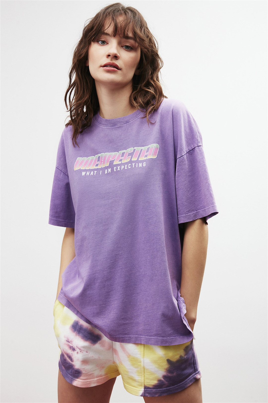 MARGO Kadın Mor Baskılı Yuvarlak Yaka Oversıze T-Shirt