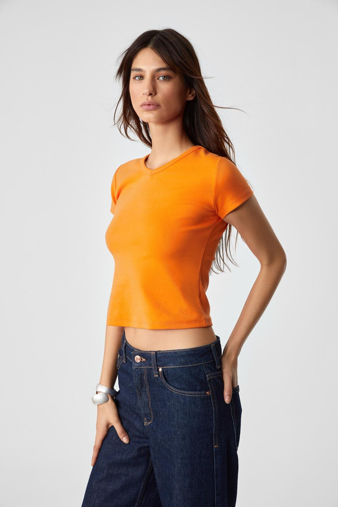 MASROUTI Kadın Slim Kısa V Yaka Kısa Kol Turuncu T-Shirt