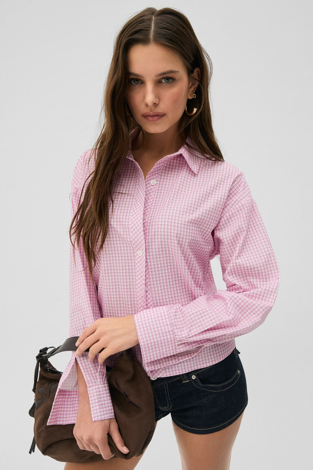 MEDEA Kadın Slim Fit %100 Organik Pamuklu Kahverengi Çizgili Slim Fit Pembe Çizgili Gömlek