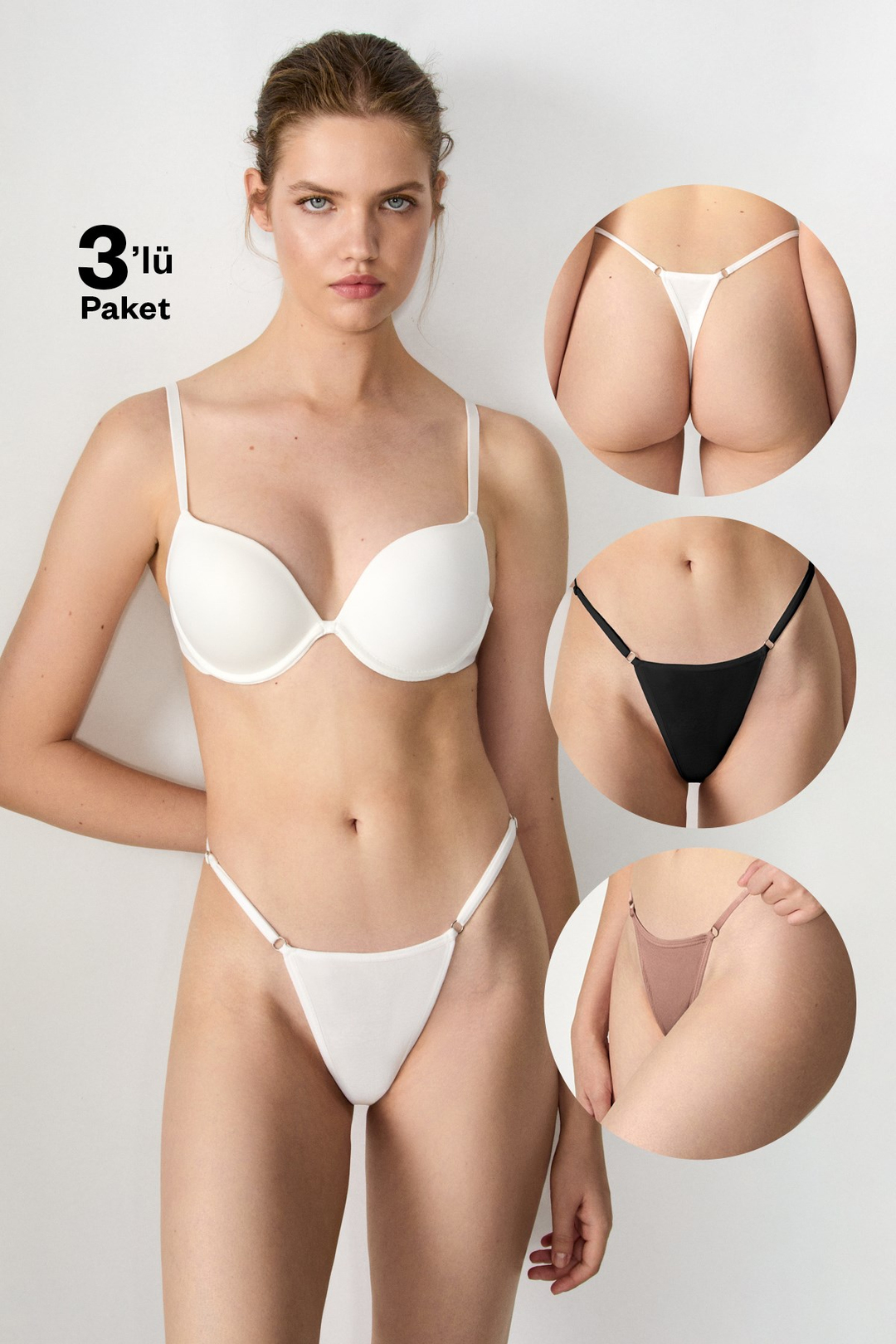 MELVA Basic Pamuklu Beli Ayarlanır Kadın Tanga Külot 3'Lü Paket Syh-Byz-Kahverengi String