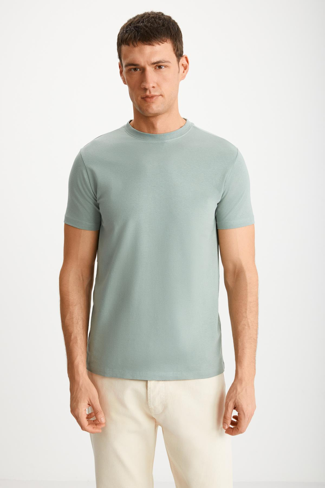 MICHEL Erkek Slim Fit Dar Kesim %100 Organik Pamuklu Yana Kayan Dikişli  Basic Örme Mint Yeşil T-Shirt