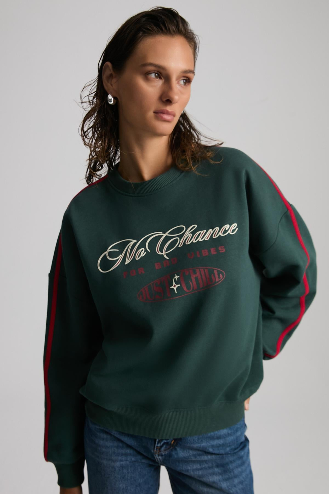MIREILLE Kadın Baskılı 3 İplik Örme Organik Pamuk Regular Fit Yeşil Sweatshirt