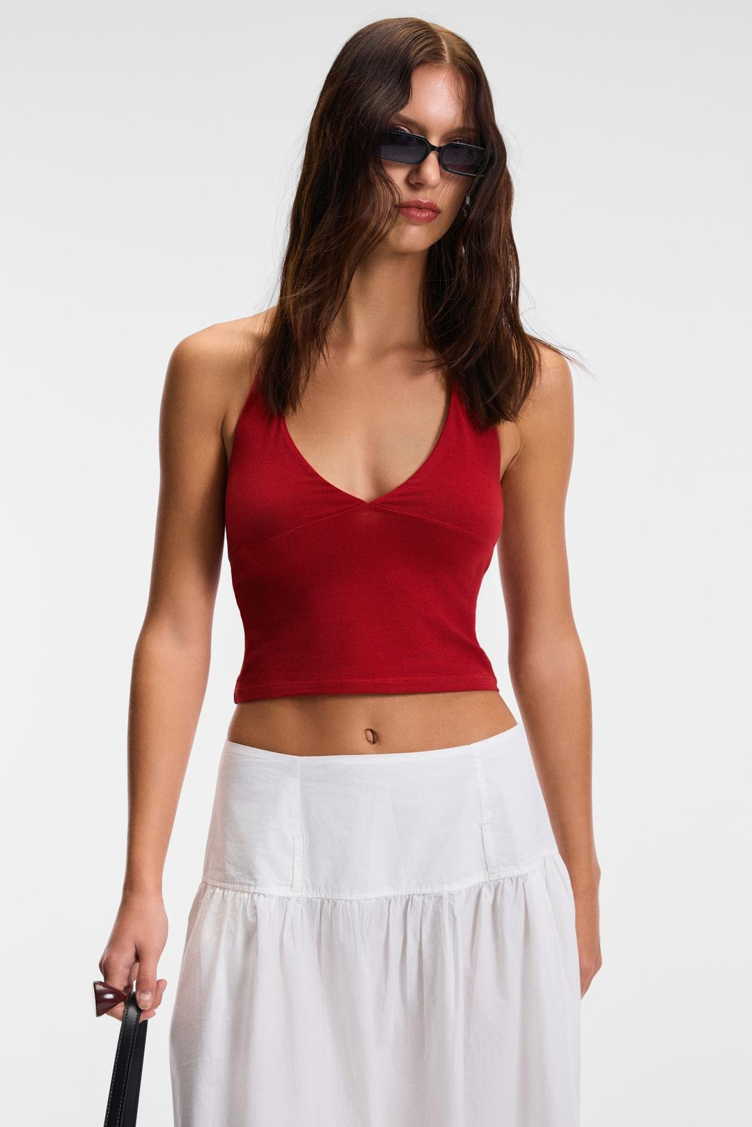 MORIENNE Kadın Halter Yaka Kalın Askılı Sırtı Açık Crop Kırmızı Bluz