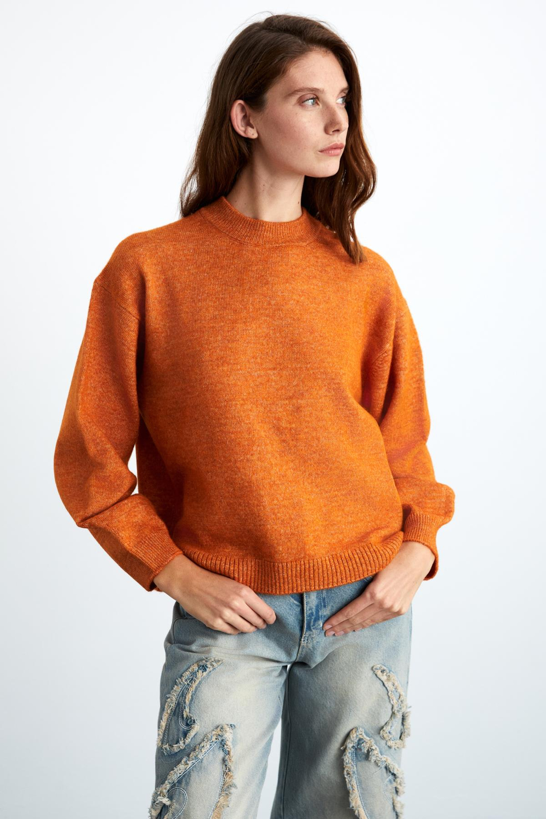 NANNA Kadın Oversize Fit Yumuşacık Kaşmir Tuşesinde Bisiklet yaka Kalın Triko Turuncu Kazak