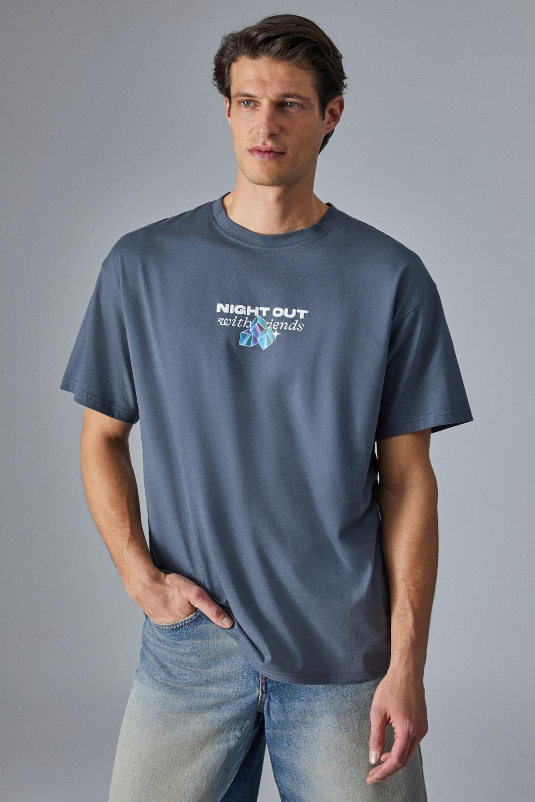 NIGHTOUT Erkek Oversize Fit Antrasit T-Shirt