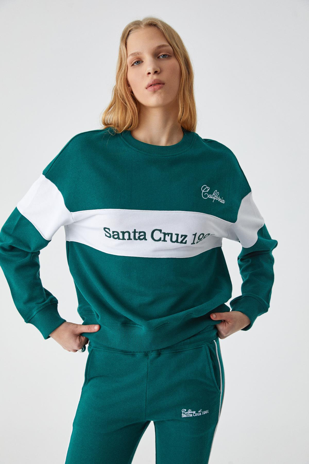 NINOSKA Kadın Oversize Bisiklet Yaka Beyaz - Yeşil Sweatshirt