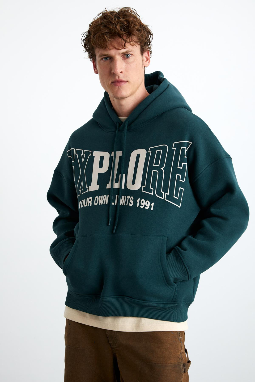 OKSAKA Erkek Oversize Fit Önü Baskılı Kapüşonlu Kordon Detaylı Kanguru Cepli Yeşil Sweatshirt