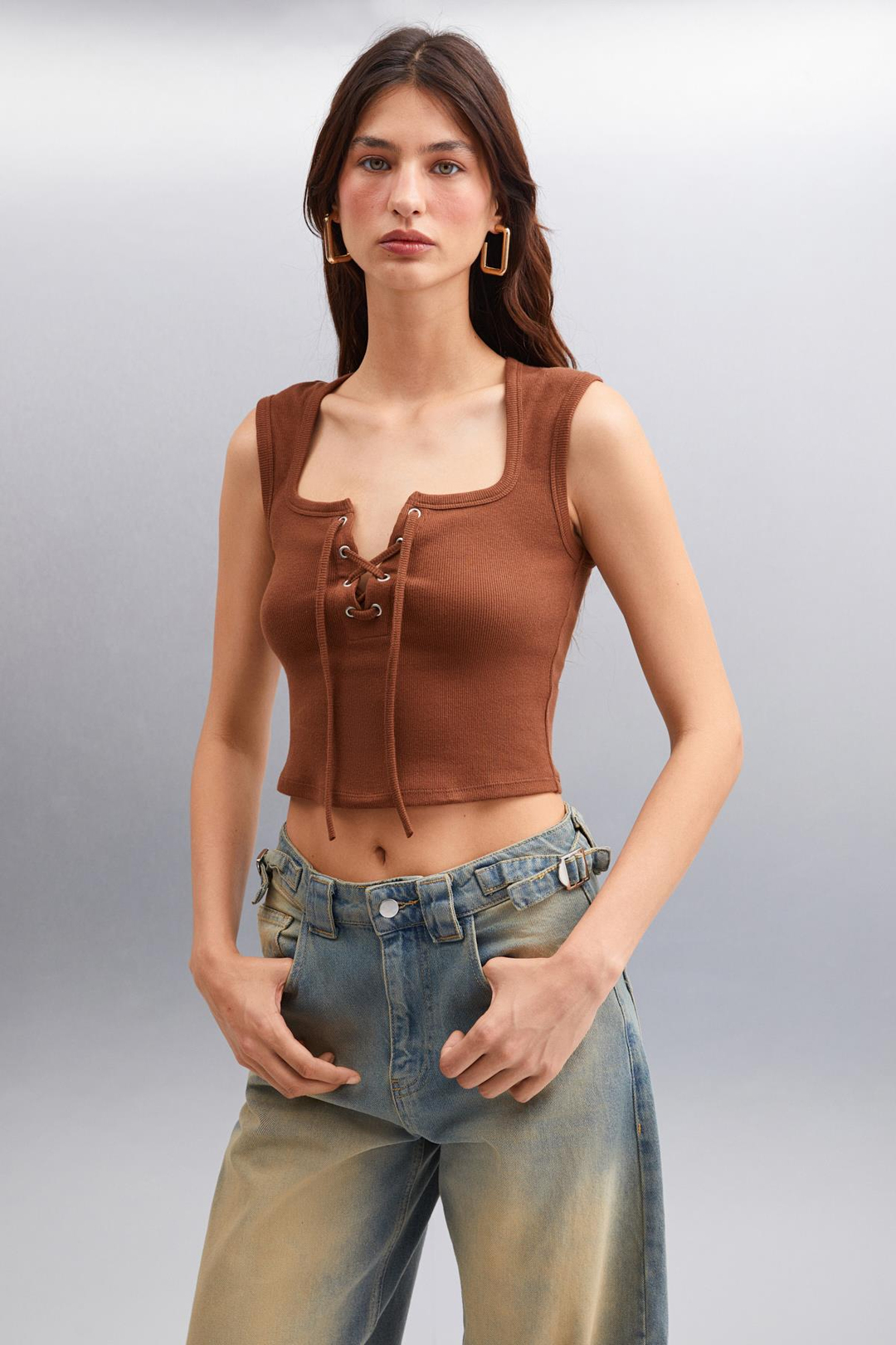 PAOLINA Crop Crop Kahverengi Tekli Bluz
