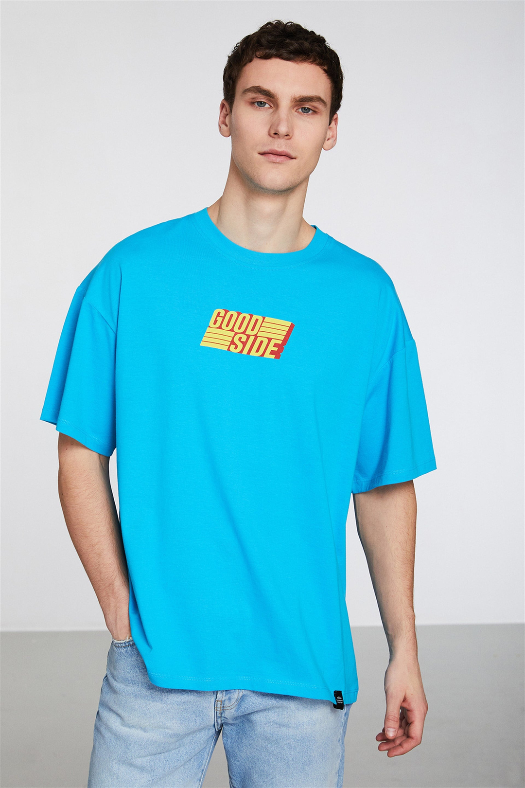 PERFORMANCE Erkek Turkuaz Baskılı Yuvarlak Yaka Oversize T-Shirt