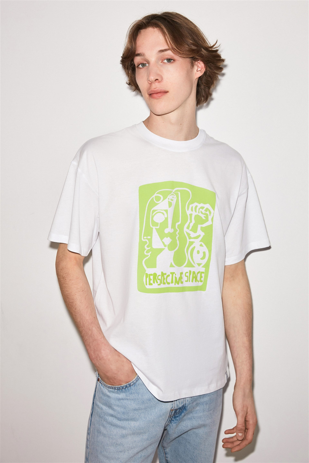 PERSPECTIVE Erkek Beyaz Puff Baskılı Yuvarlak Yaka Oversize T-Shirt