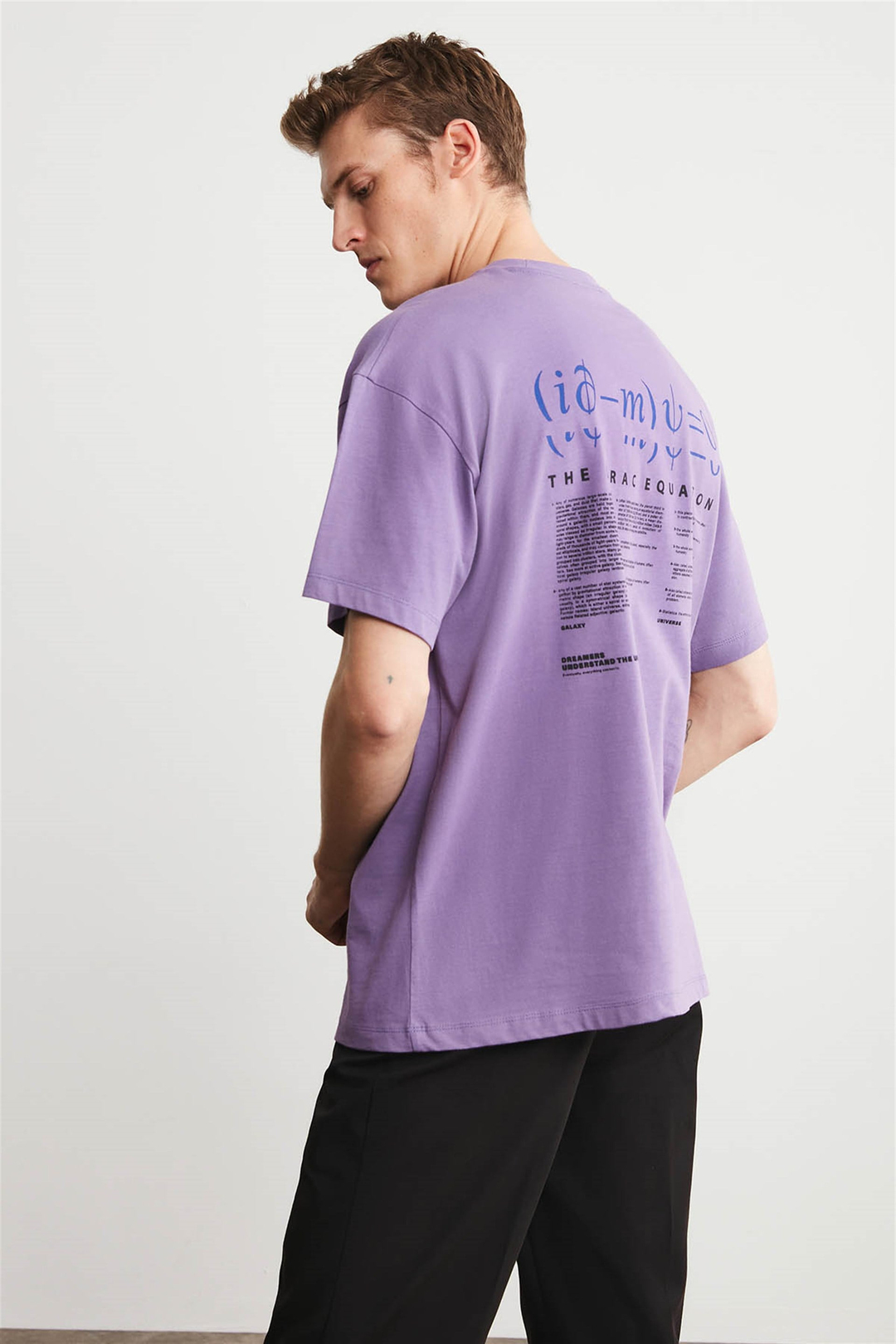 PETER Erkek Mor Baskılı Yuvarlak Yaka Oversize T-Shirt