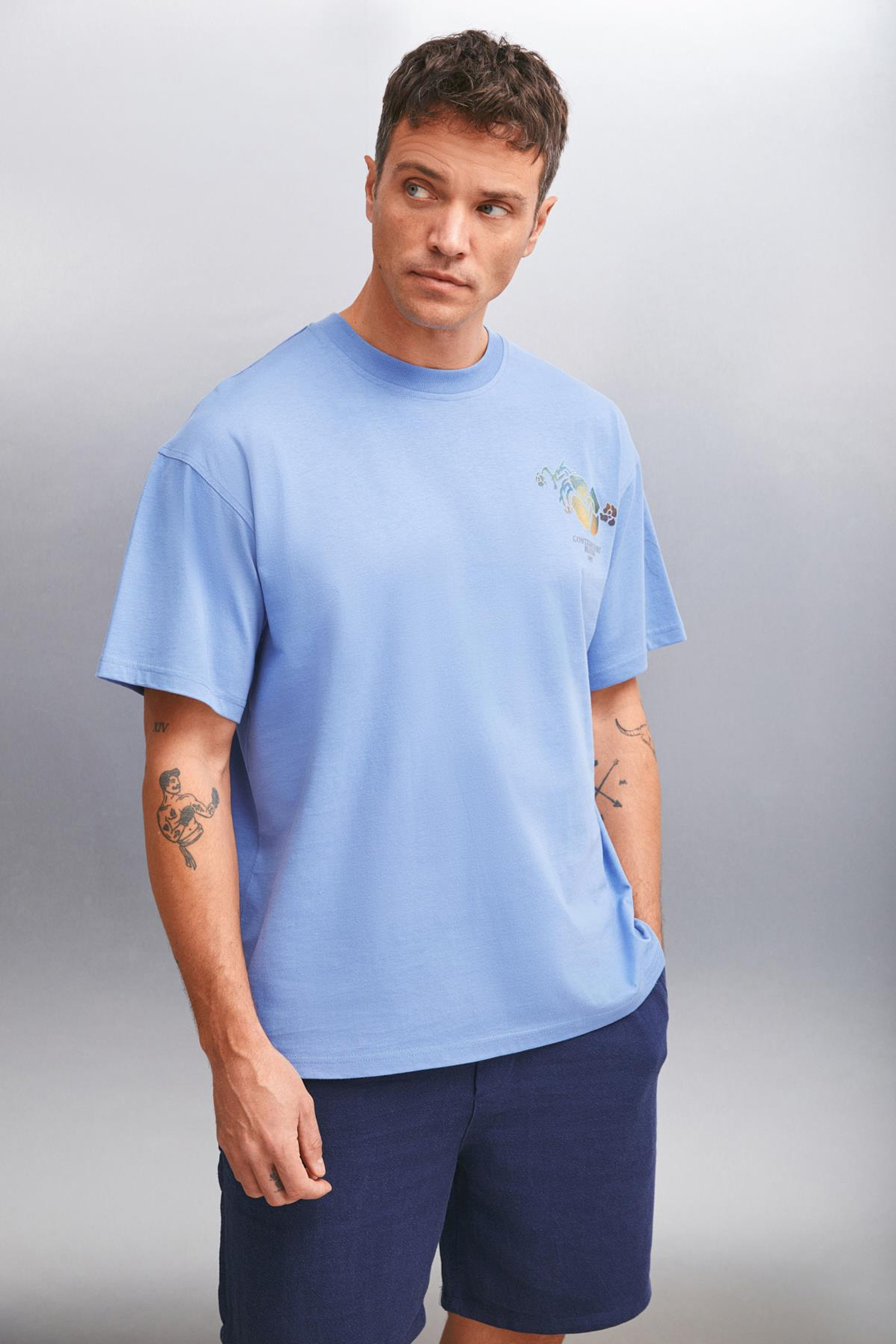 PHILLIP  Oversize Mavi Tekli T-Shirt
