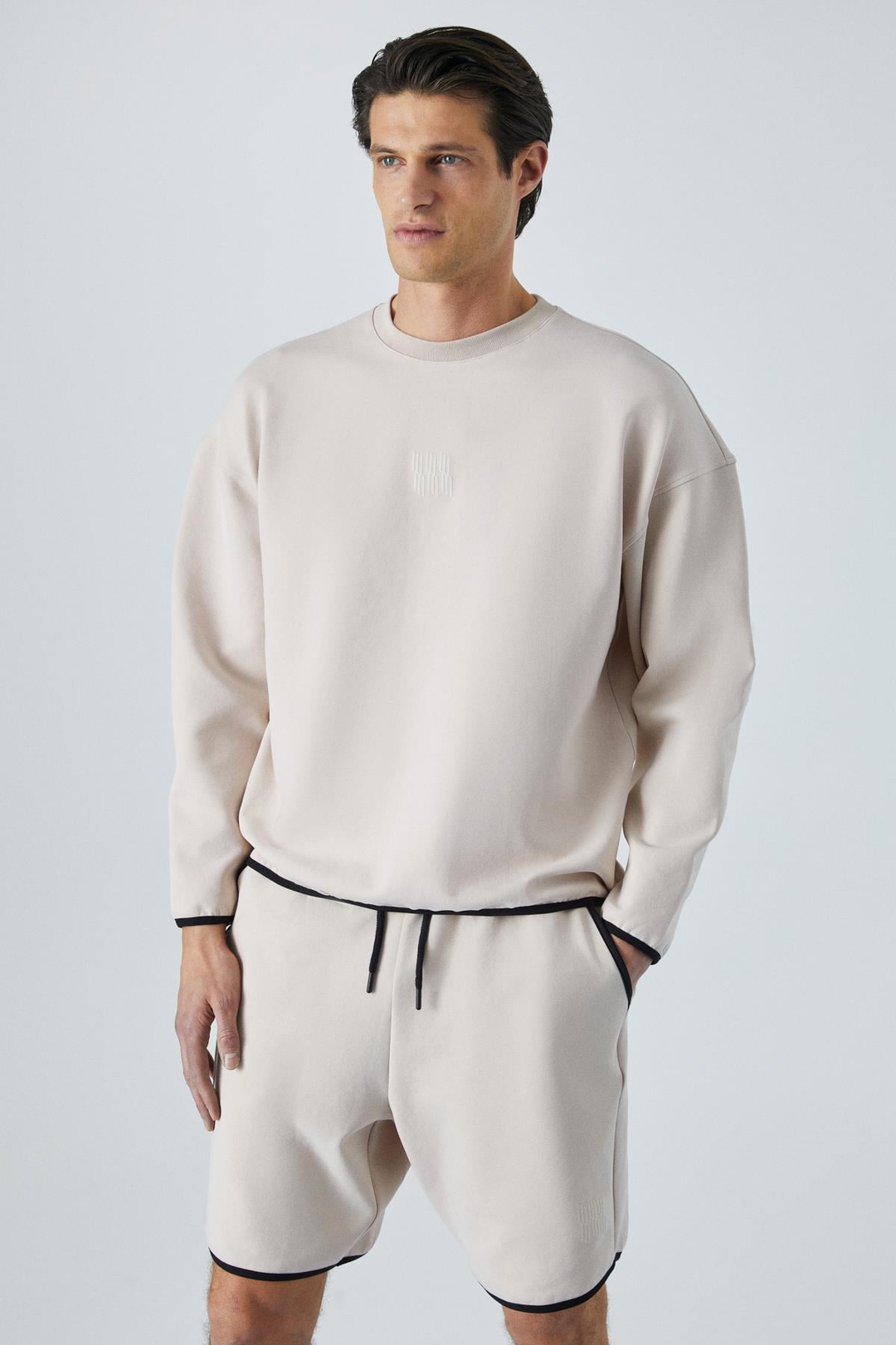 PLEMON Erkek Bisiklet Yaka Uzun Kol Baskı Detaylı Oversize Taş Rengi Sweatshirt