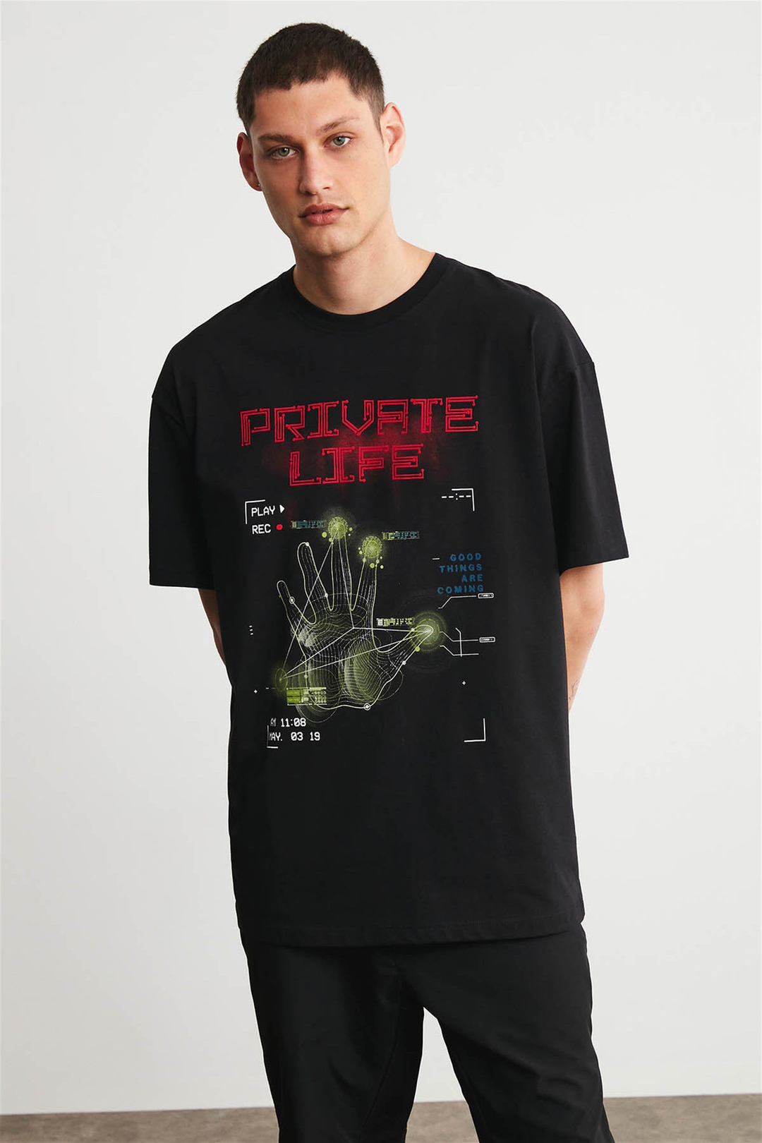 PRIVATE Erkek Siyah Baskılı Yuvarlak Yaka Oversize T-Shirt