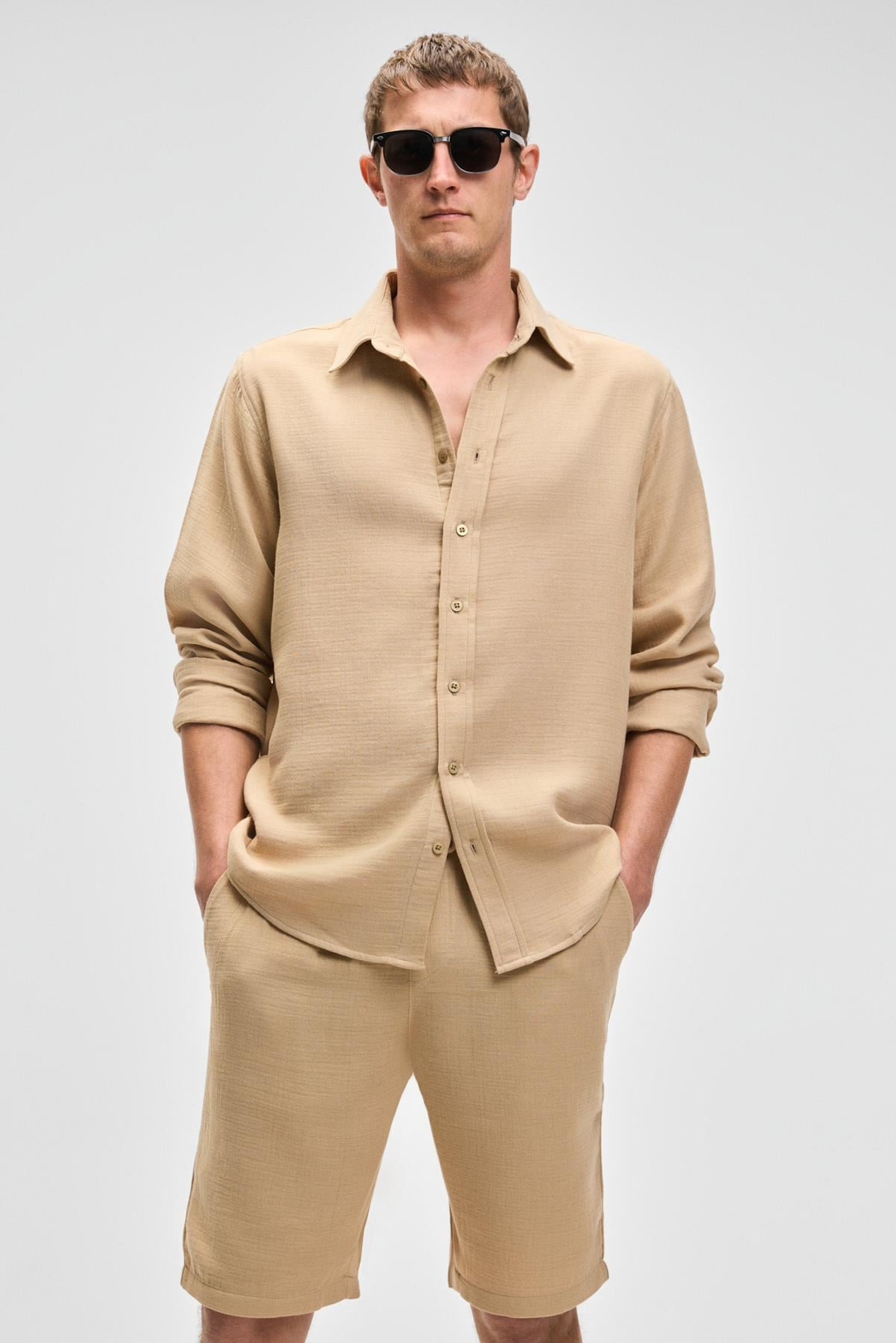 RAIMO Erkek %100 Pamuklu Manşetli Uzun Kol Comfort Fit Bej Gömlek