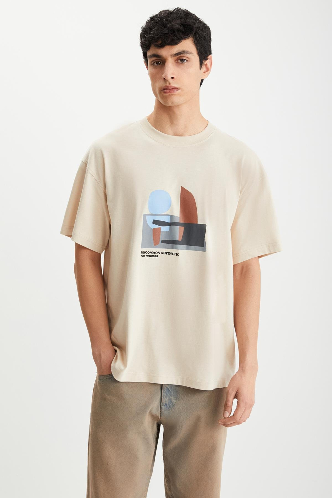 RAMADANP007 Erkek %100Pamuk Bisiklet Yaka Baskılı Bej T-Shirt