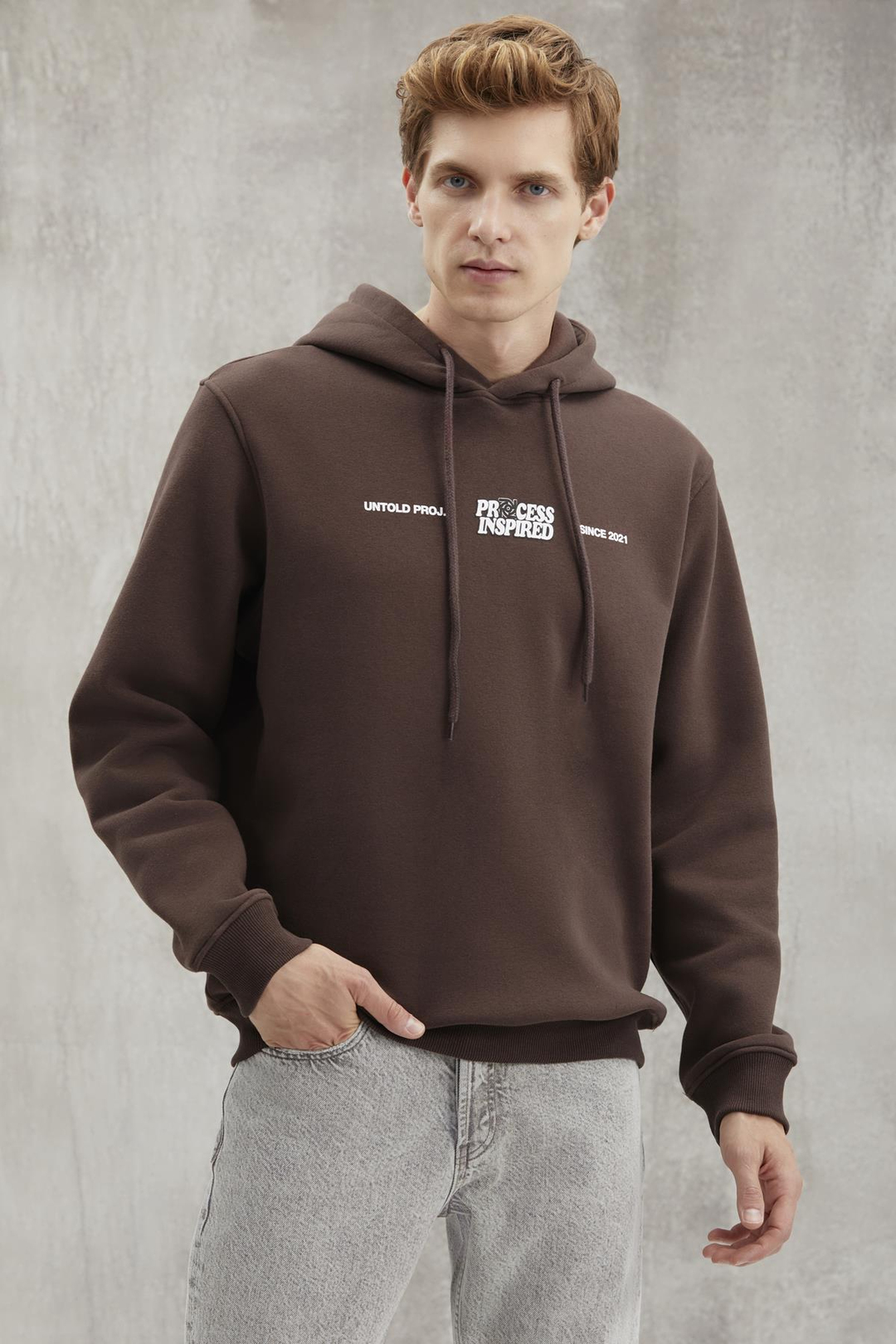 REINHOLD Erkek Kapüşonlu İçi Polarlı Baskılı Acı Kahve Sweatshirt