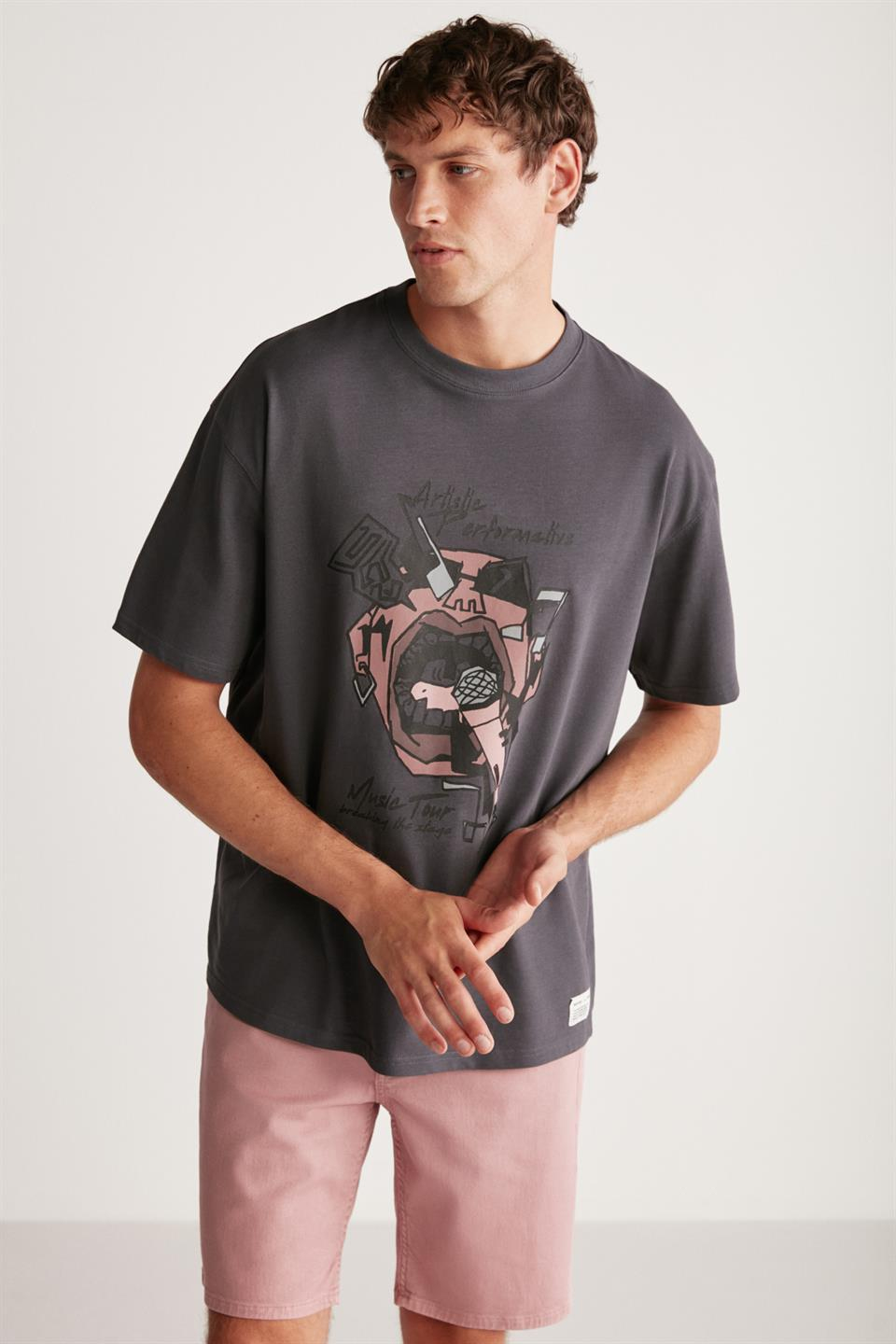 REX Örme Oversize Antrasit Tekli T-Shirt