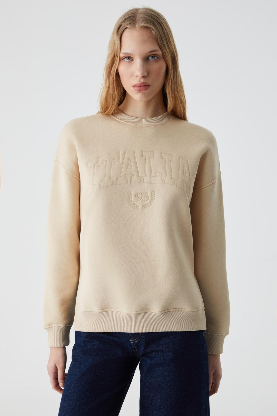 RICENNI Kadın Bisiklet Yaka Oversize Taş Rengi Sweatshirt