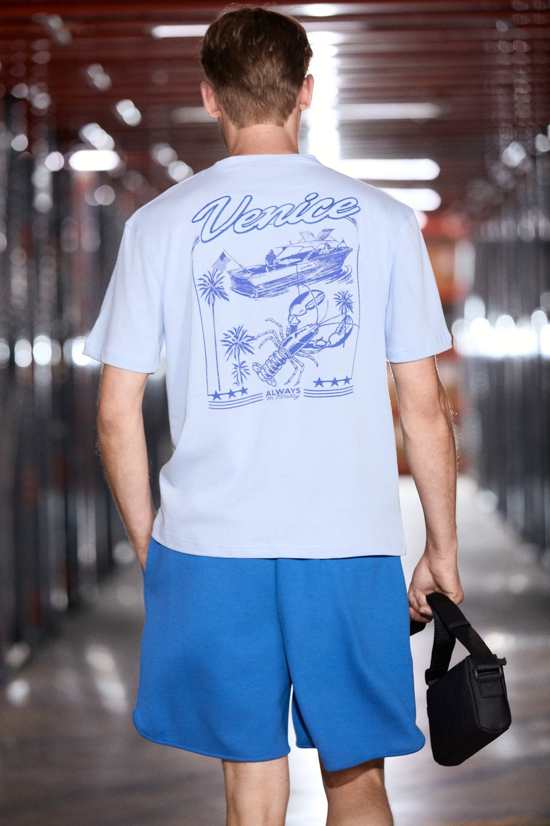 ROOMY Erkek %100 Organik Pamuklu Yuvarlak Yakalı Baskı Detaylı Comfort Fit Mavi T-Shirt