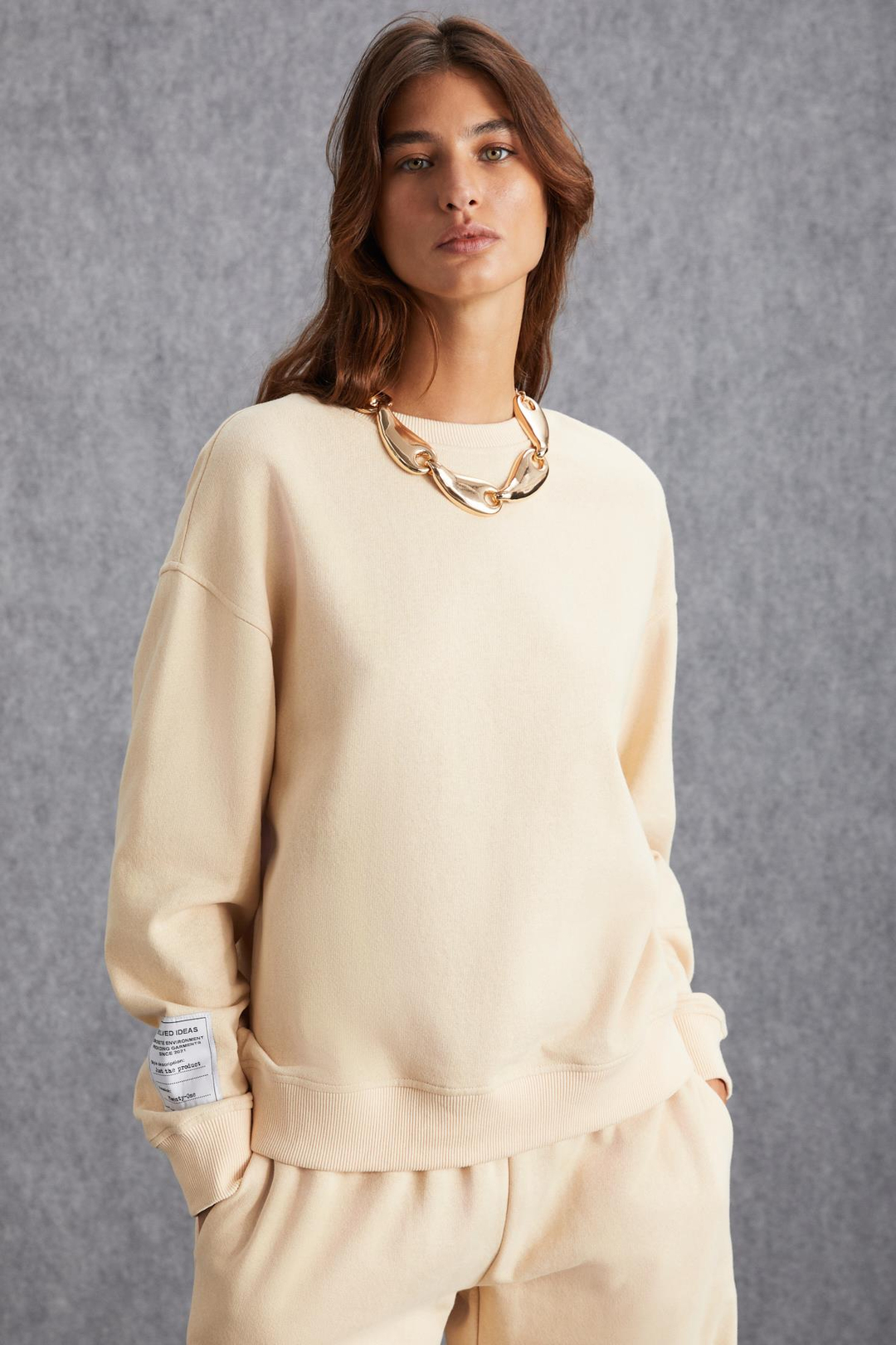SAHIAN Basic Regular Krem Tekli Sweatshirt