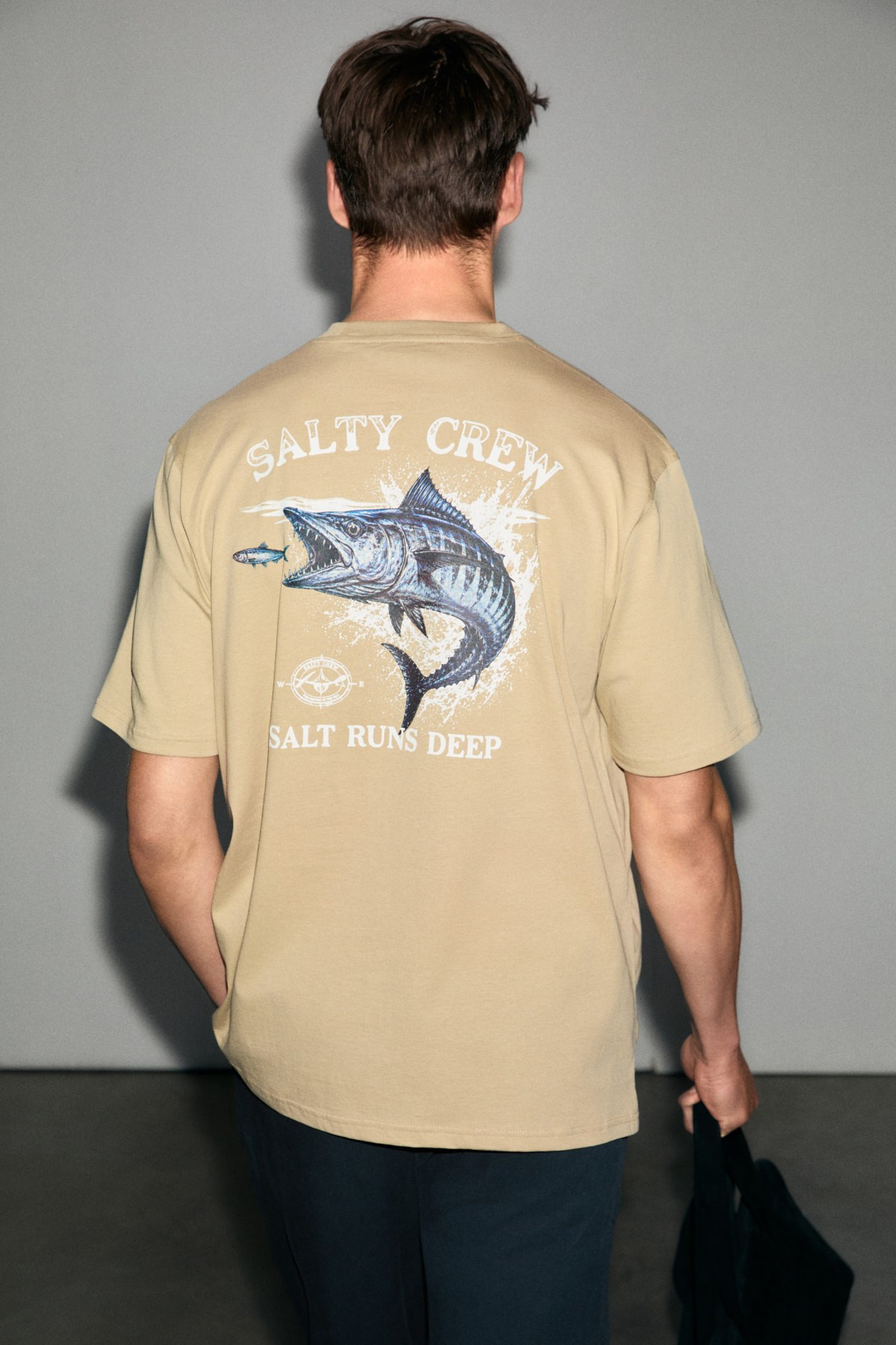 SALTY Erkek %100 Organik Pamuklu Yuvarlak Yakalı Baskı Detaylı Vizon T-Shirt