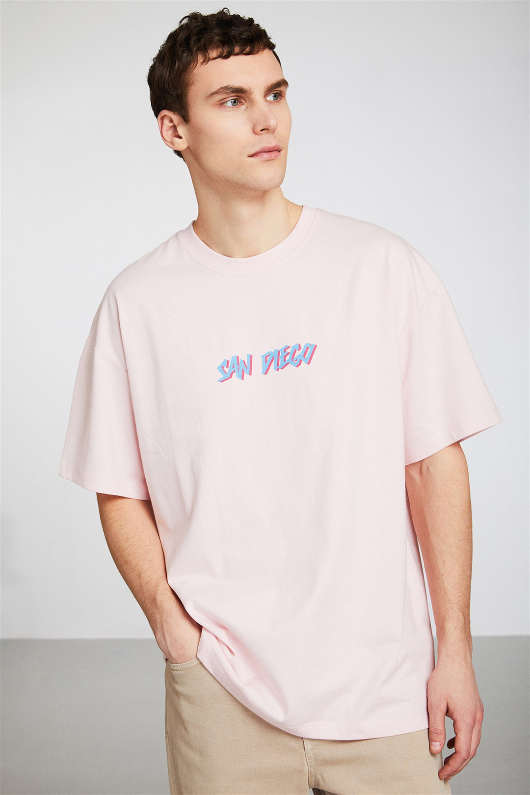 SAN DIAGO Erkek Pembe Baskılı Yuvarlak Yaka Oversıze T-Shirt