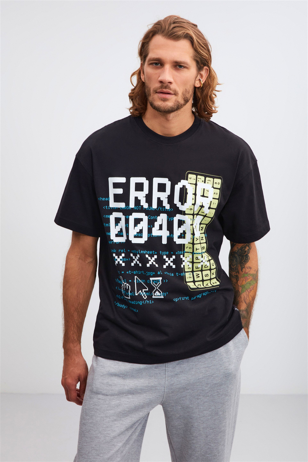 SANDWA Siyah Erkek Önü Baskılı   Kısa Kollu   Oversize T-Shirt