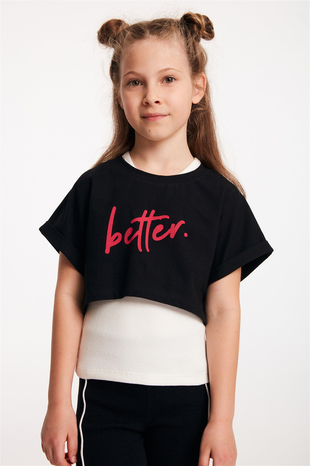 SANO Kadın Siyah Baskılı Yuvarlak Yaka Crop Fit T-Shirt