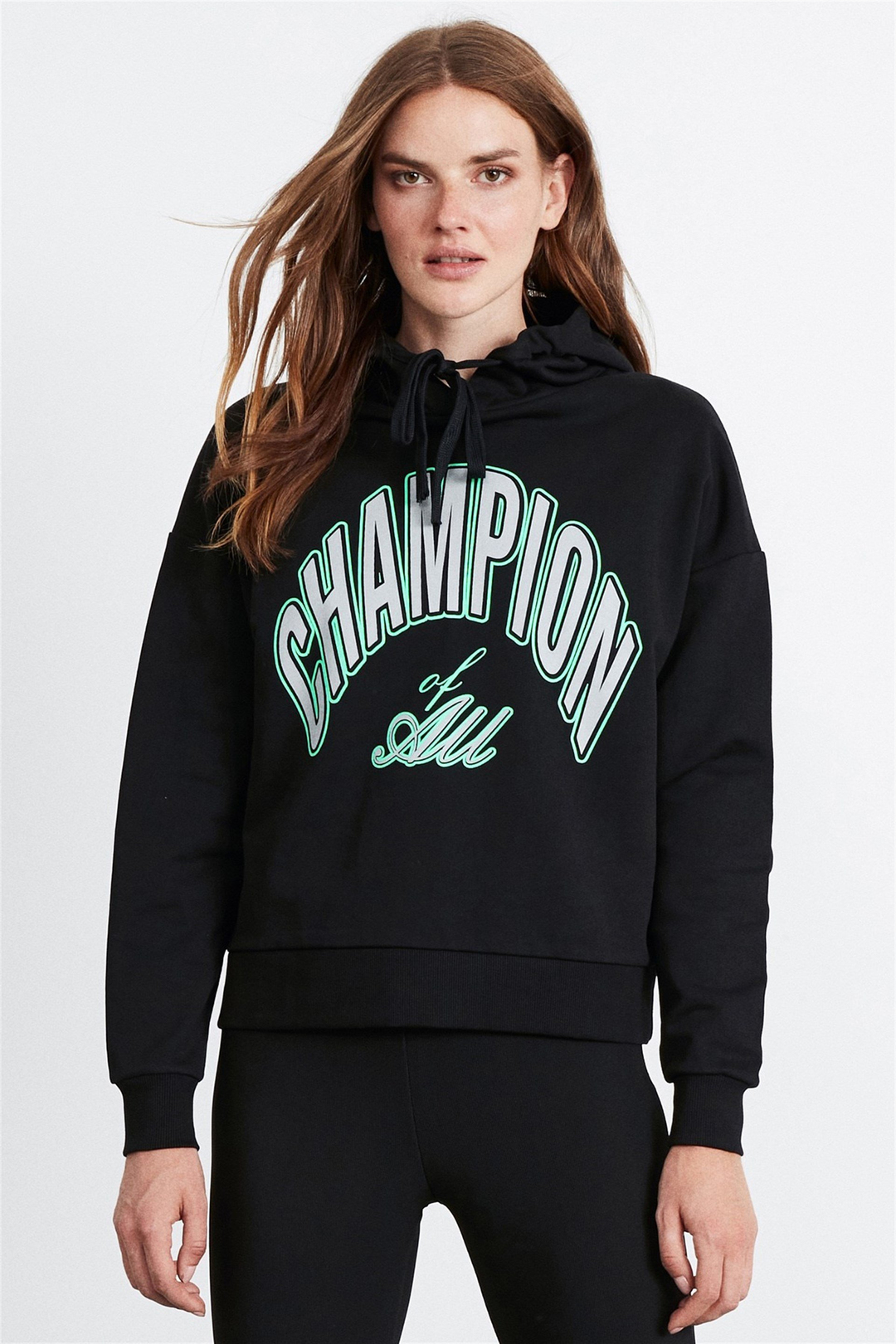SERENITY Kadın Siyah Baskılı Kapüşonlu Oversize Sweatshirt
