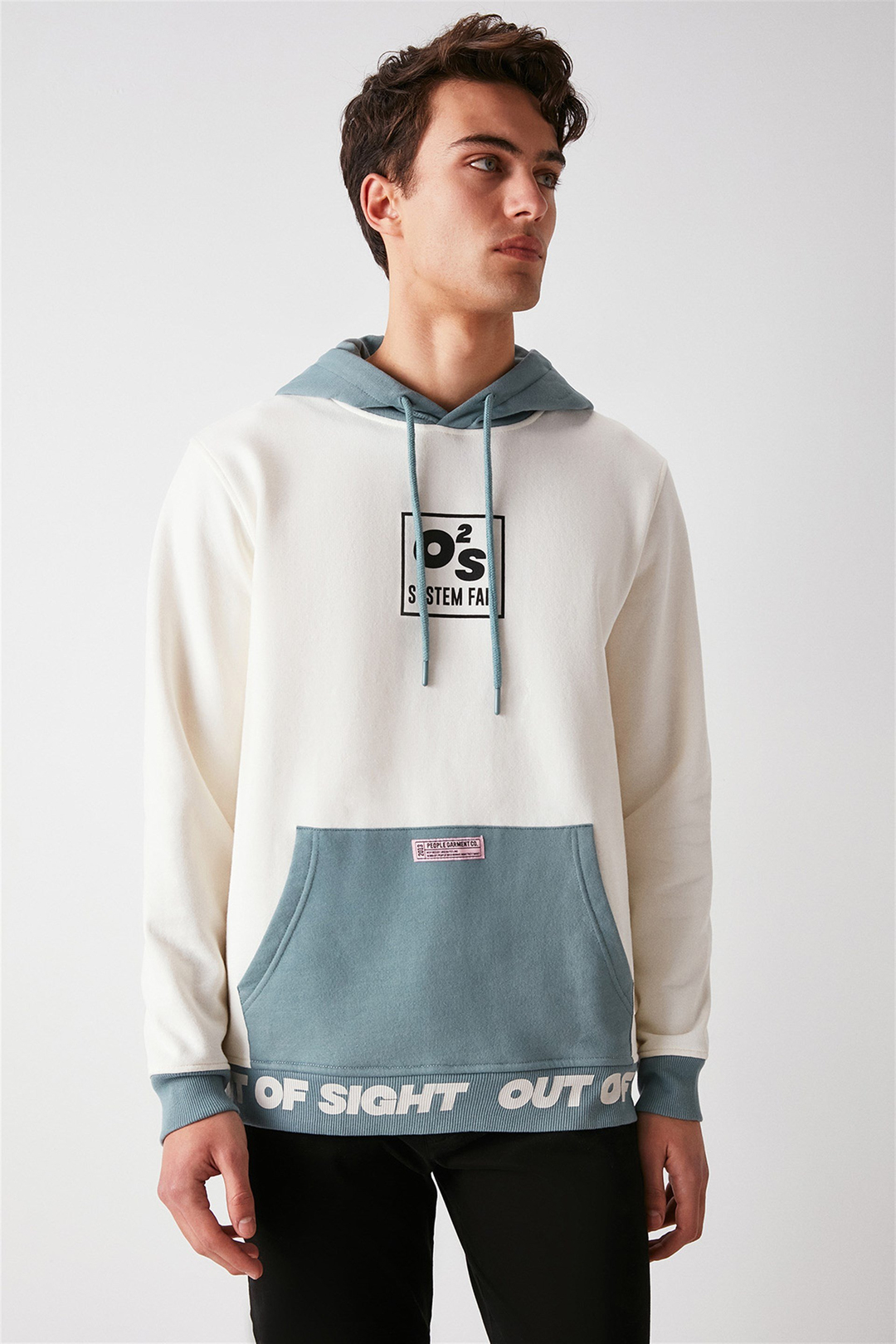 SIGHT Erkek Ekru Renk Bloklu Kapüşonlu Comfort Fit Sweatshirt