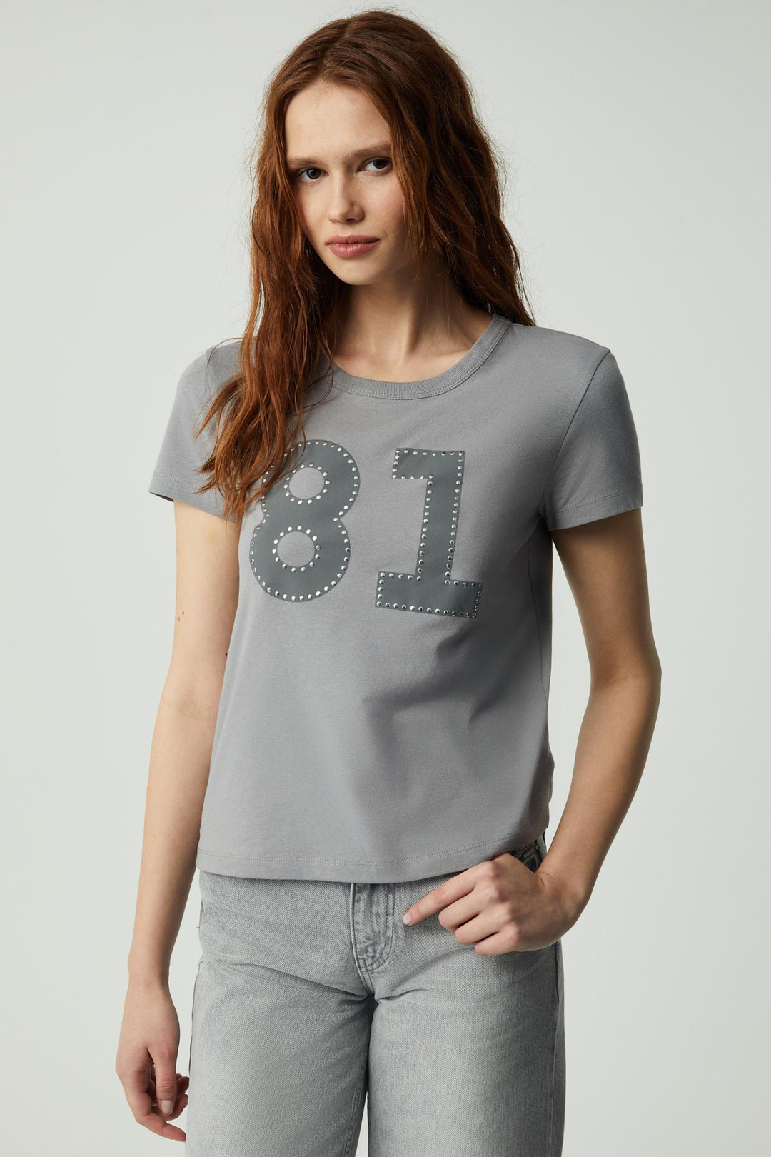 SINCE Kadın Regular Baskılı Taşlı Yuvarlak Yaka Açık Gri T-Shirt