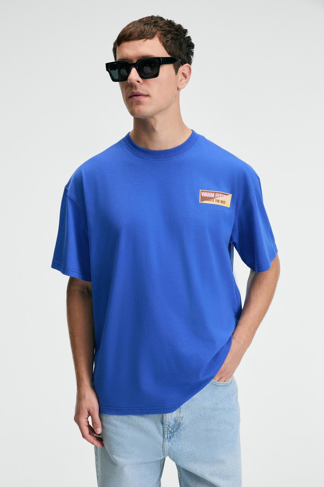 SNACK Erkek Oversize Fit %100 Pamuk Baskılı Yuvarlak Yaka Saks Mavi T-Shirt