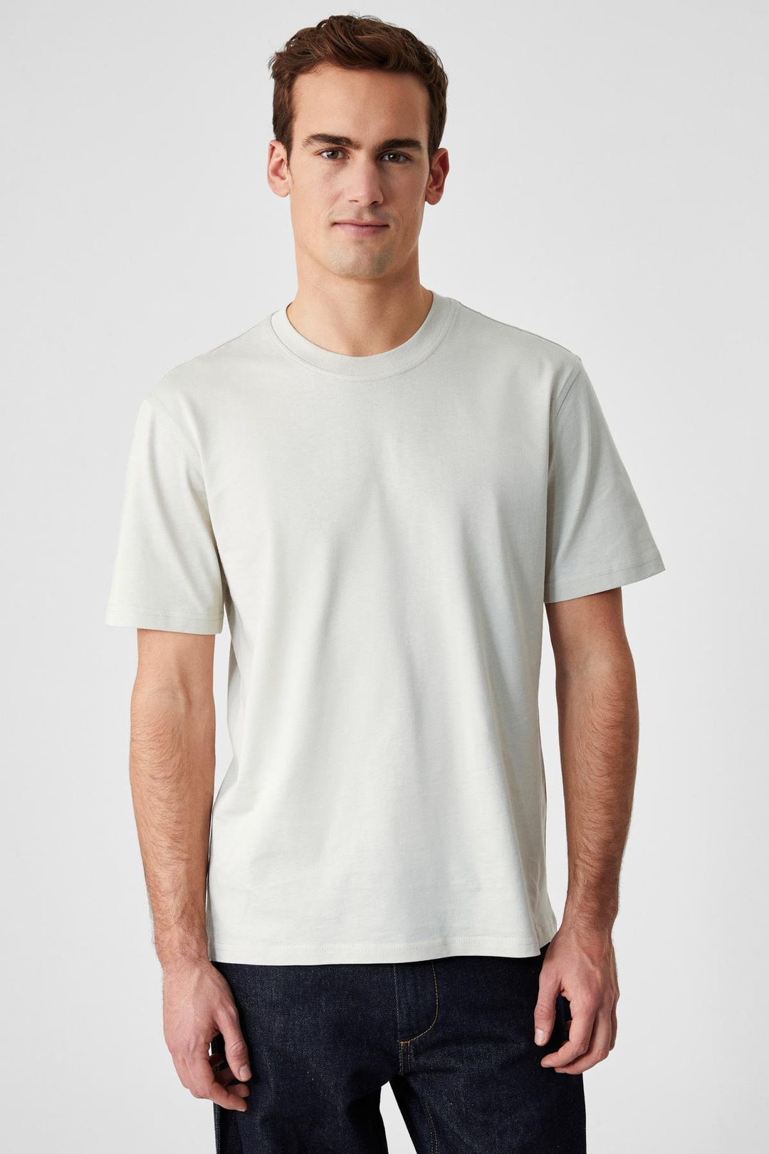 Solo Erkek %100 Organik Pamuklu Kalın Dokulu Comfort Fit Bisiklet Yakalı Açık Bej T-Shirt