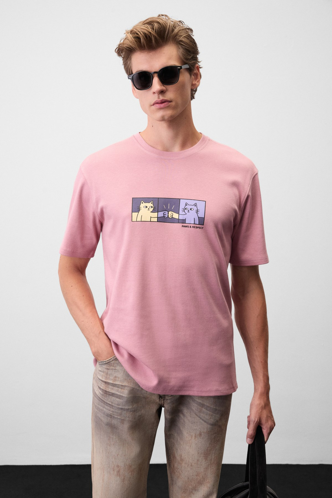 STONE Erkek Yuvarlak Yakalı Önü Baskılı Pembe T-Shirt