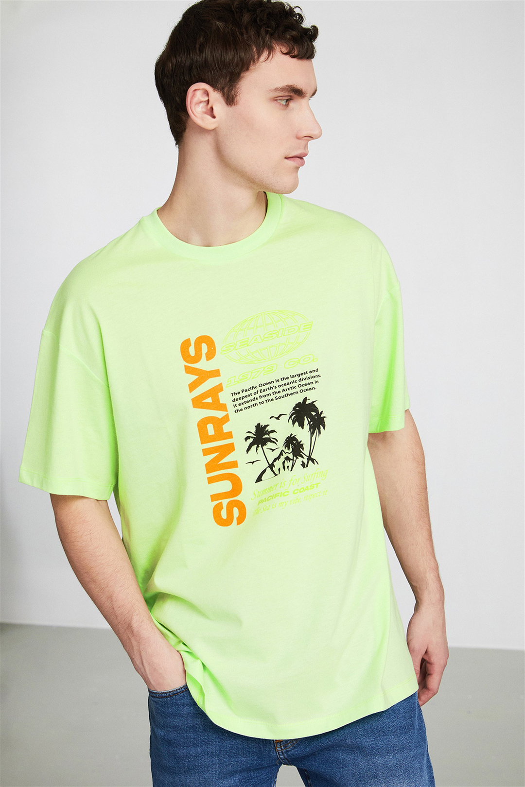 SUNRAYS Erkek Yeşil Baskılı Yuvarlak Yaka Oversize T-Shirt