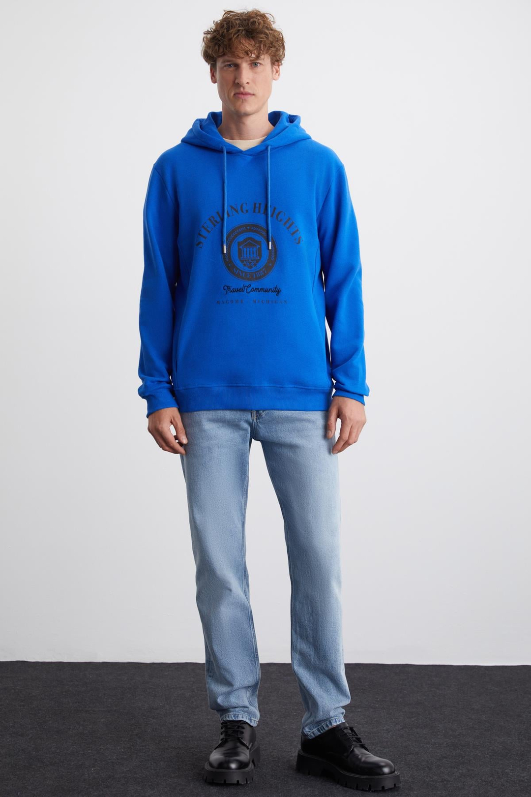 TAMMY Erkek Yumuşacık İçi Polarlı Baskılı 3 İplik Kapüşonlu Regular Mavi Sweatshirt