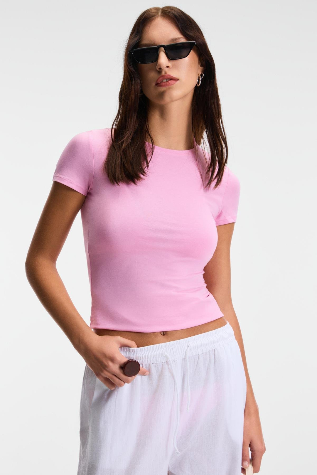 TARELIA Kadın Bisiklet Yaka Kısa Kollu Slim Pembe T-Shirt