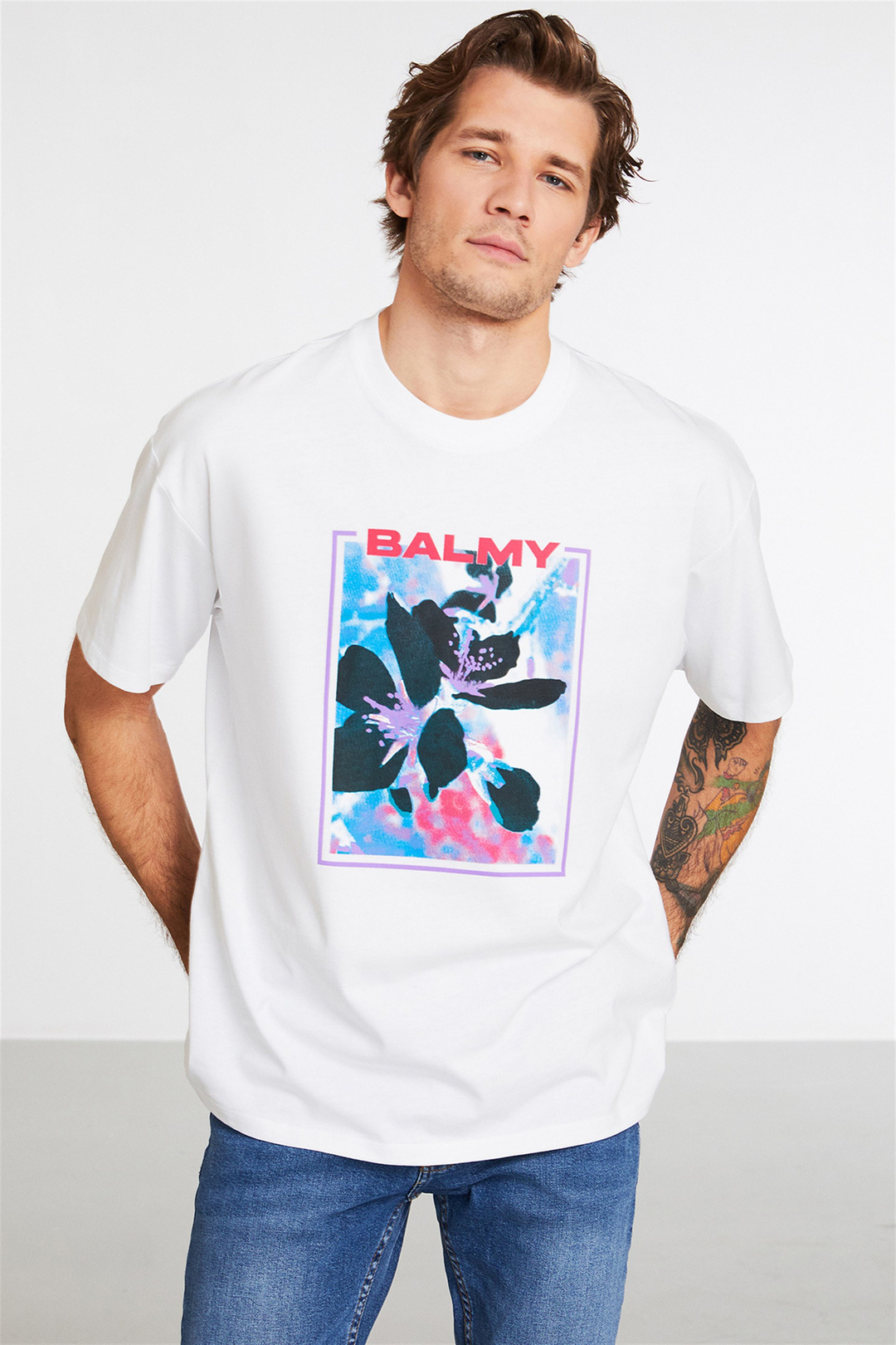 TENDER Erkek Beyaz Baskılı Yuvarlak Yaka Oversize T-Shirt
