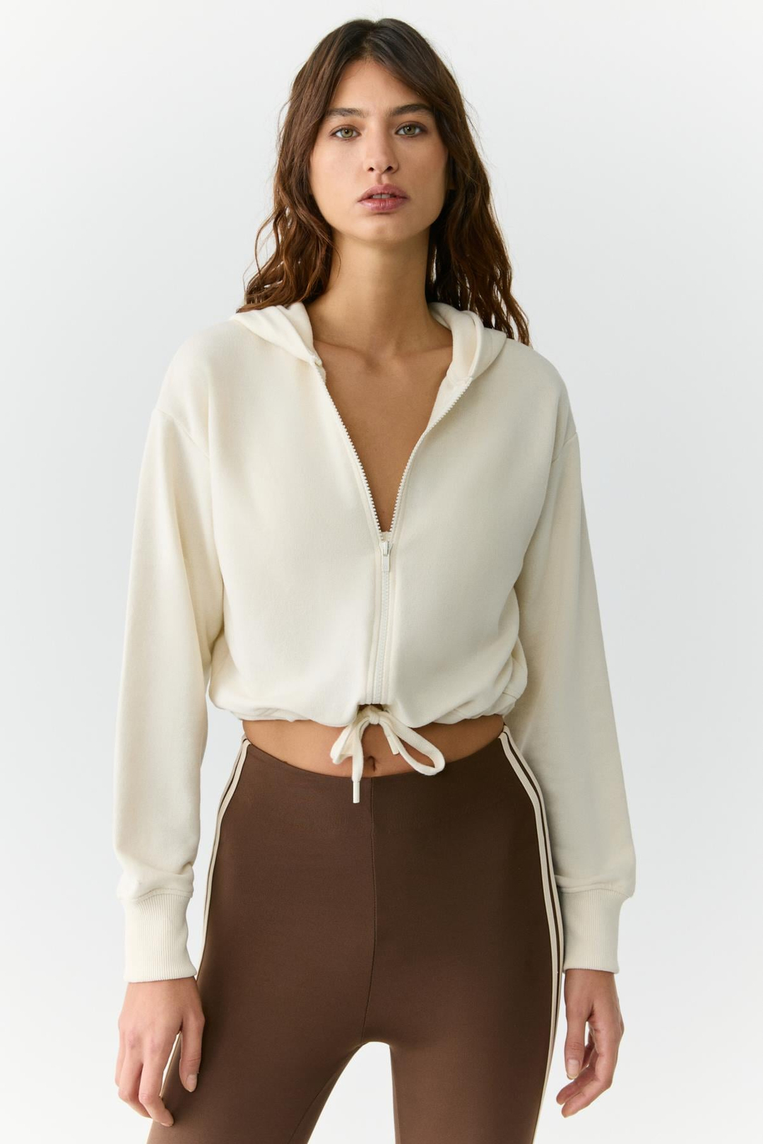TIANNA Kadın Kapüşonlu Uzun Kollu Fermuarlı Relaxed Ekru Sweatshirt
