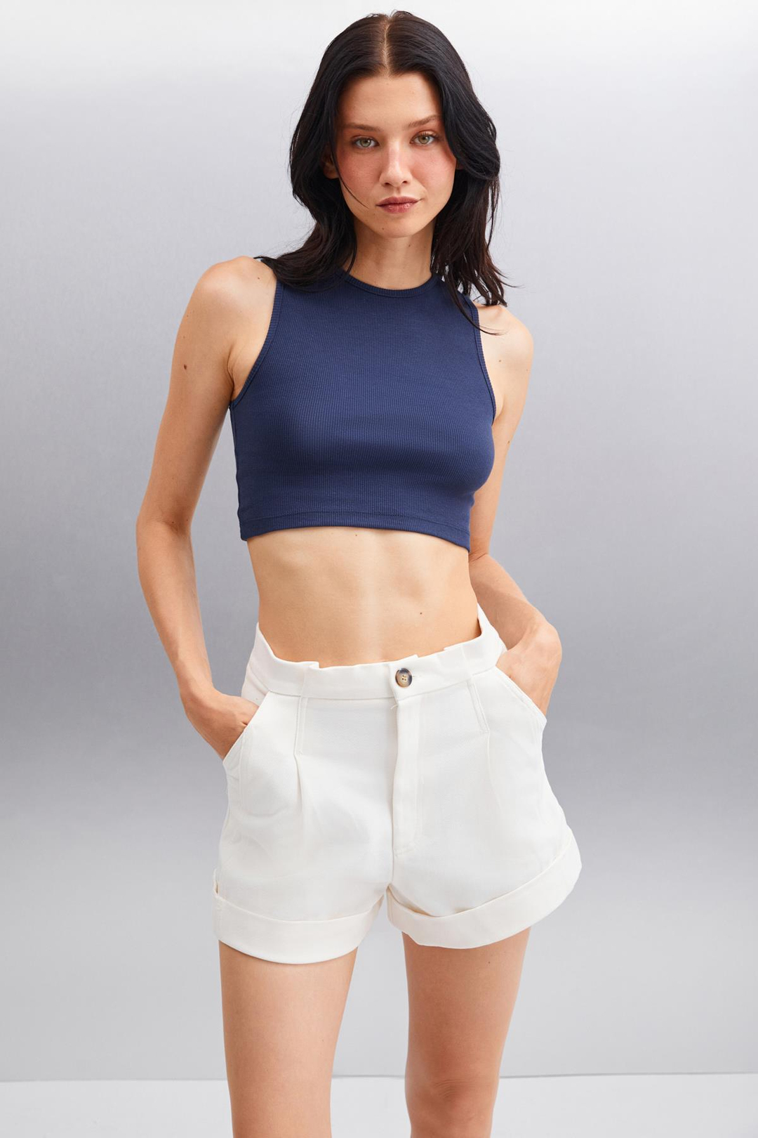 TIZIANA Kadın Organik Pamuklu Fitilli Esnek Kumaşlı Crop Lacivert Bluz
