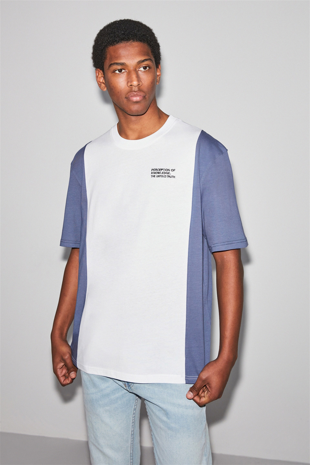 TRUTH Erkek Beyaz Renk Bloklu ve Nakışlı Yuvarlak Yaka Regular Fit T-Shirt