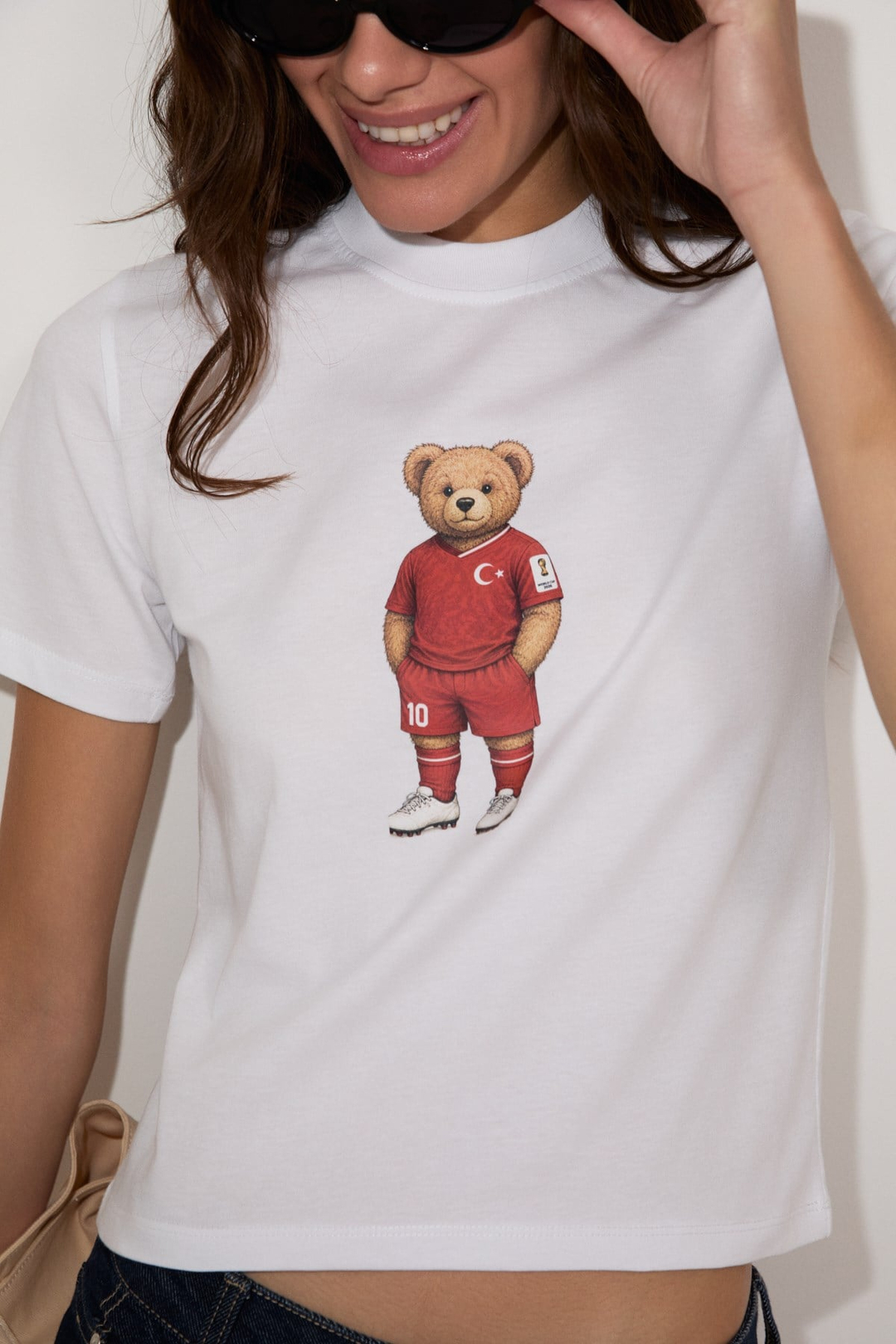 UMAYANA Kadın Yumuşak Ve %100 Organik Pamuklu Dünya Kupasına Özel Baskılı Beyaz T-Shirt