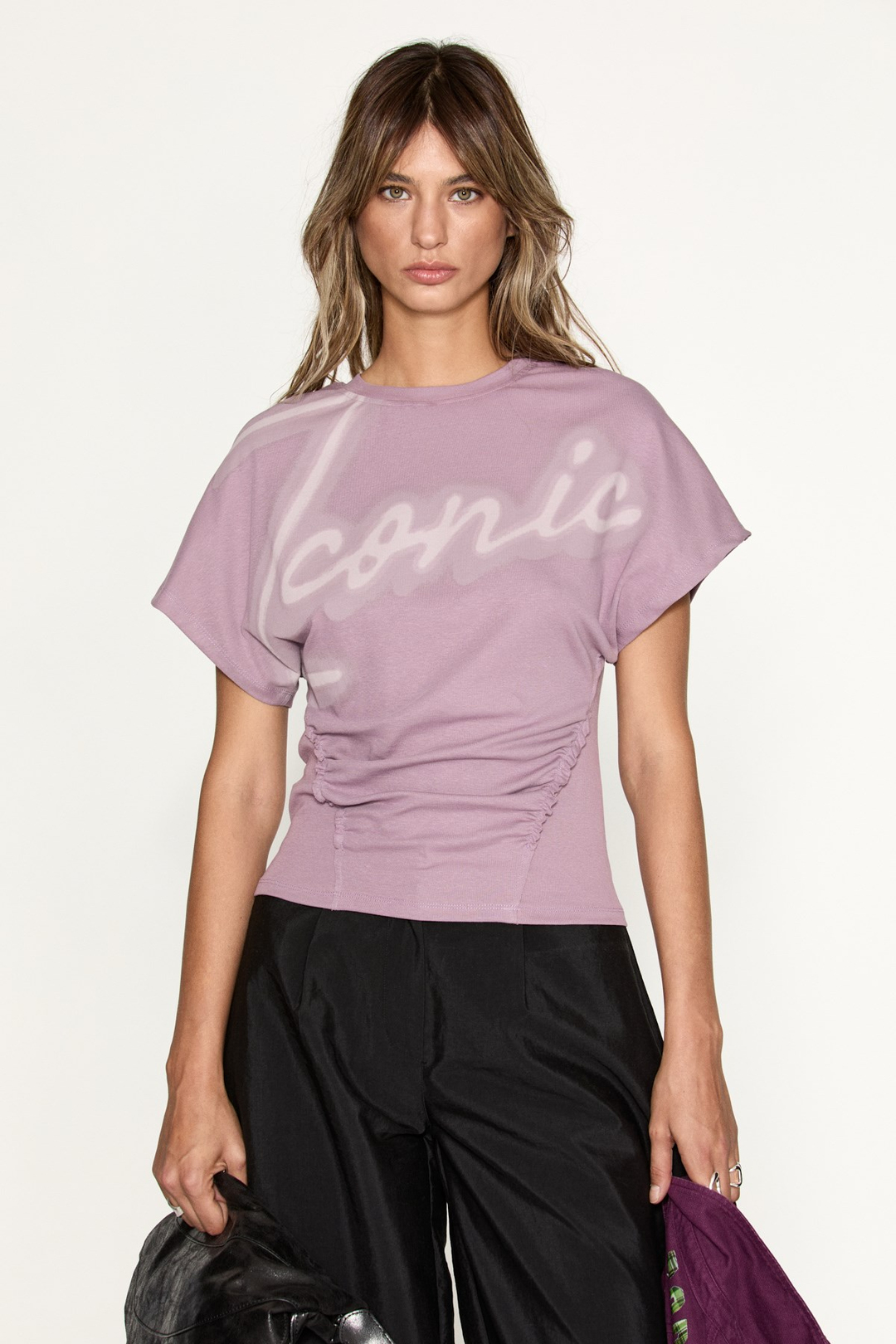 WOLD Kadın Baskılı Düşük Kollu Büzgü Detaylı Lila T-Shirt