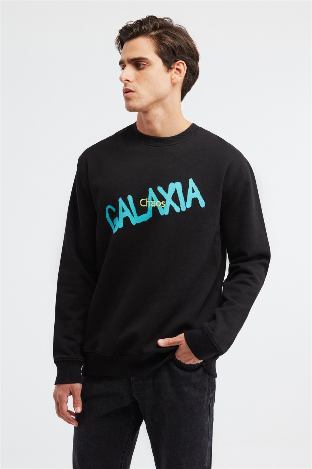 YEET Erkek Siyah Baskılı ve Nakışlı Yuvarlak Yaka Comfort Fit Sweatshirt