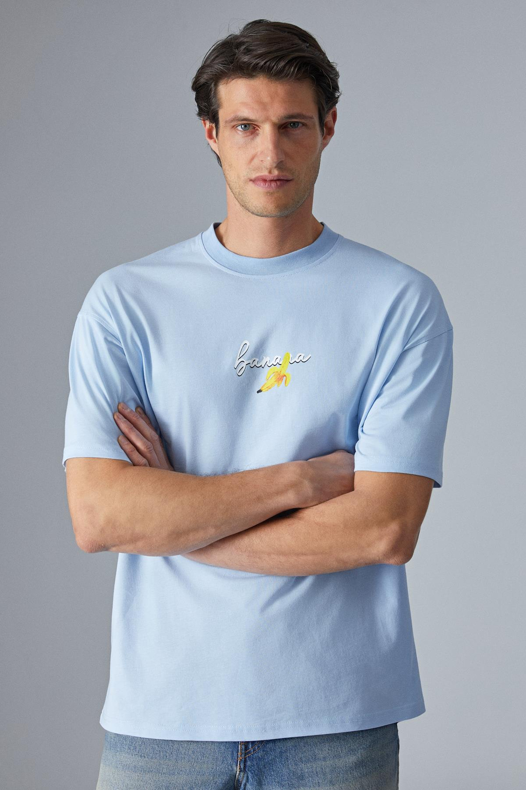 YUMMY Erkek Bisiklet Yaka Baskı Detaylı %100 Organik Pamuk Kısa Kol Açık Mavi T-Shirt