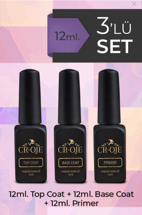 CROJE KALICI OJE Kalıcı Oje Protez Tırnak Top Coat, Pro Rubber Base Coat, Primer 3lü Set