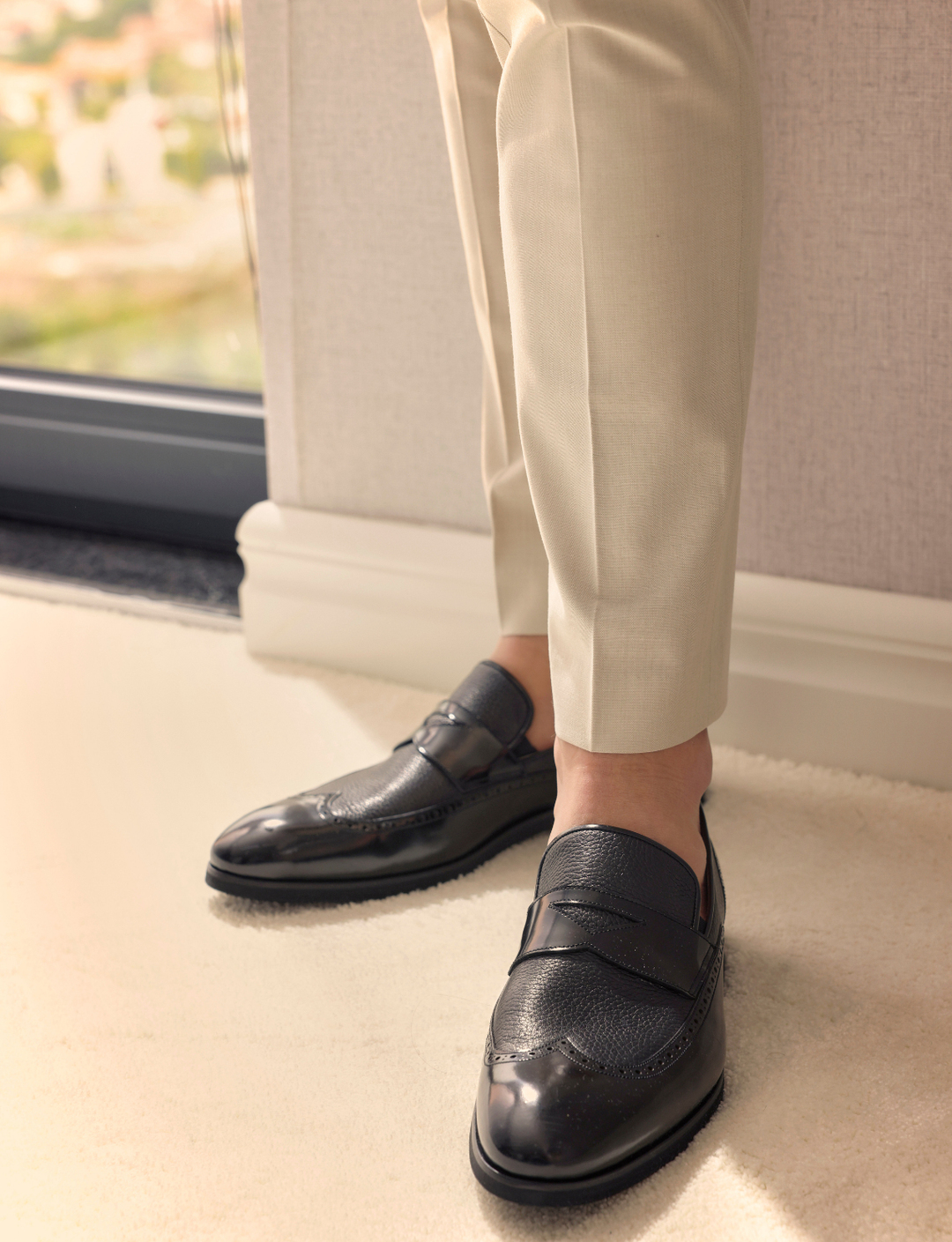 Men Open Genuine Leather Black Shoes