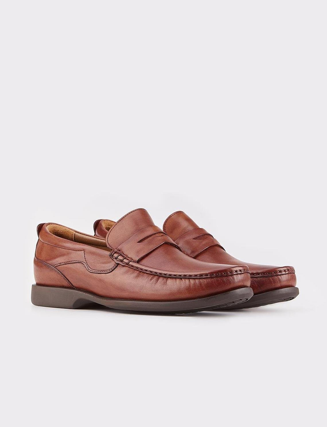 Men Tan Genuine Leather Slip On Penny Loafers
