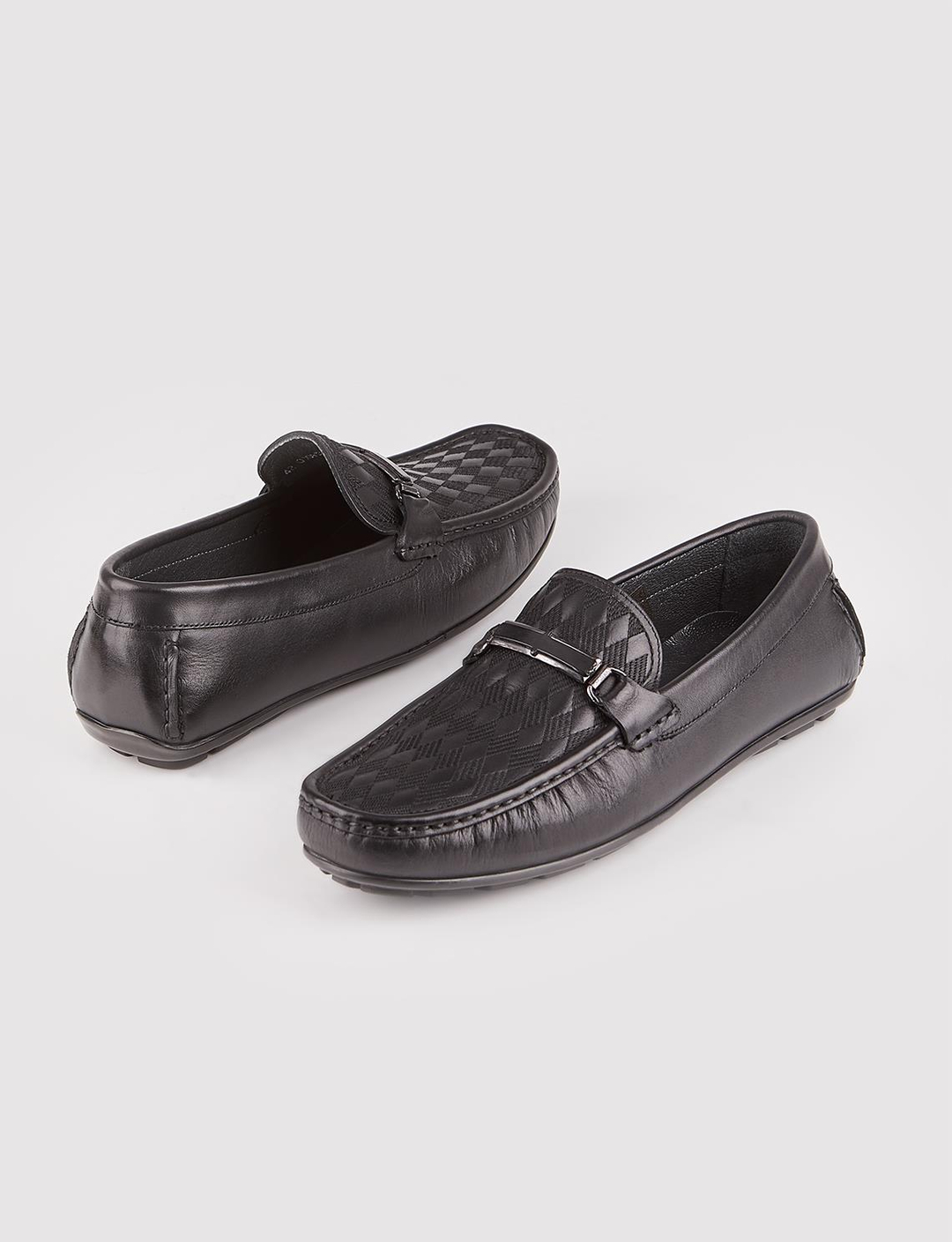 Baklava Desenli Hakiki Deri Siyah Erkek Loafer Ayakkabı